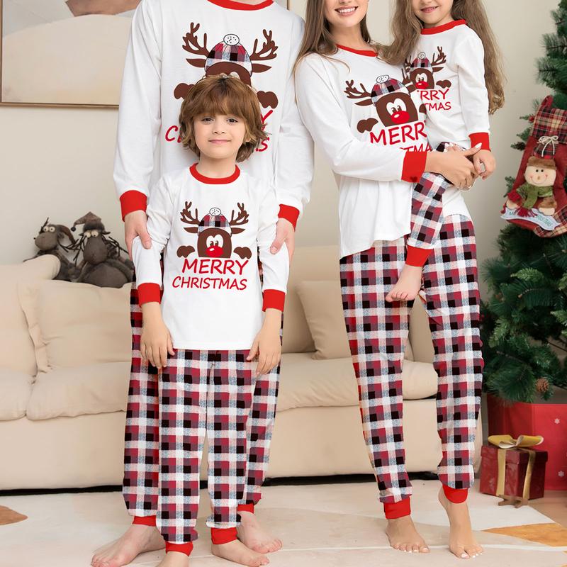 Christmas Family Pajamas Matching Set, Long Sleeve Cartoon Elk T-shirt with Plaid Pants Sleepwear Loungewear