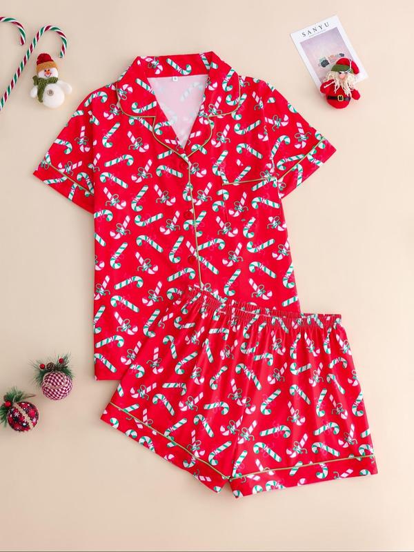 Two-piece Set Women's All Over Print Contrast Binding Lapel Neck Pajama Set, Casual Comfy Short Sleeve Pocket Shirt & Shorts Pj Set, Ladies Sleepwear for Spring & Fall