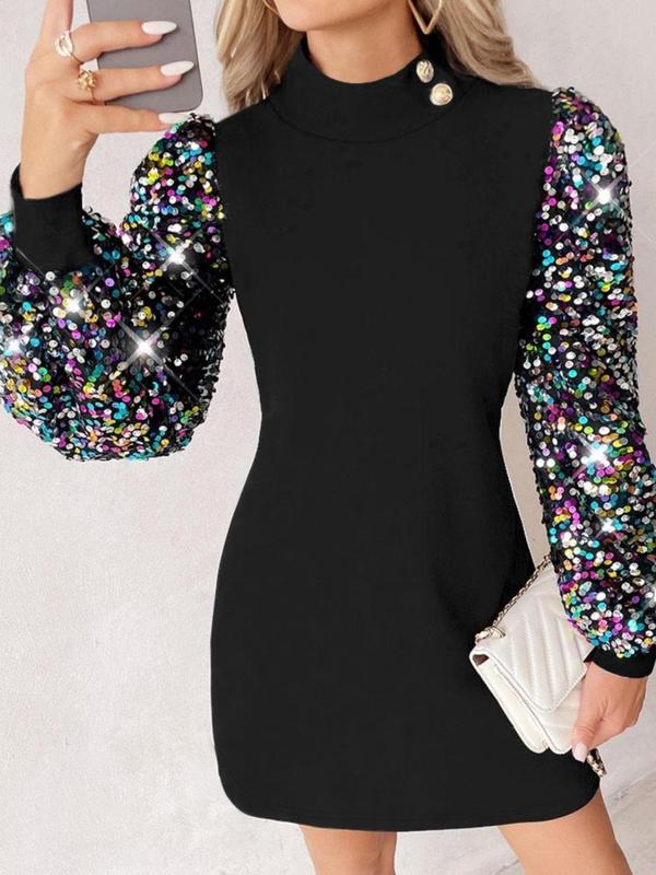 Women's Glitter Sequin Decor Cloak Sleeve Dress, Elegant Long Sleeve Turtle Neck Dress for Party Club Dating Wear, Women's Dress for Spring & Fall