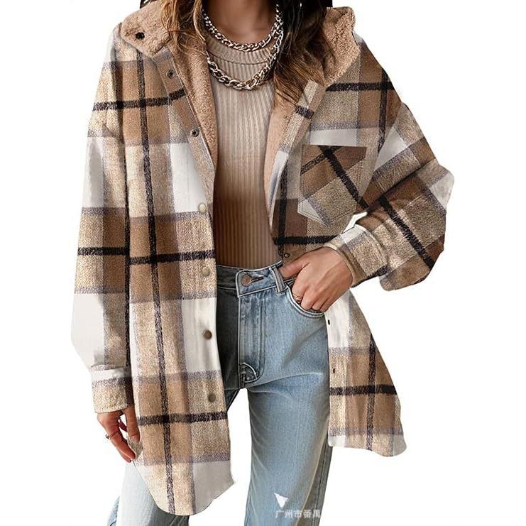 2024 new arrival hot sale WOMEN'S flannel stripes jacket long sleeve autumn button hooded jacket