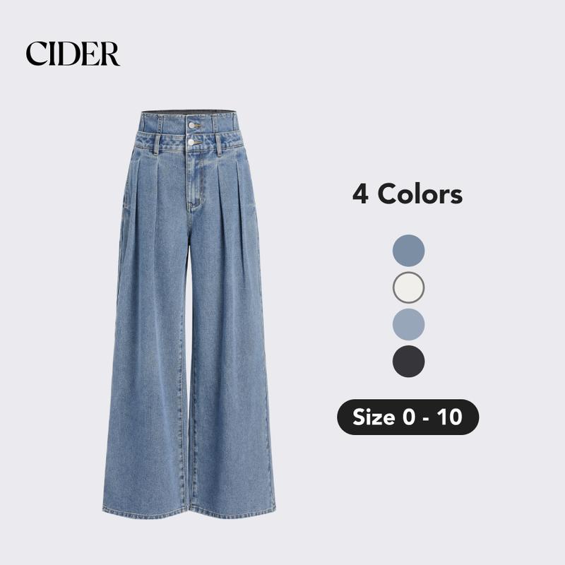 Cider [4 colors, size 0-10] Double Waist Solid Button Wide Leg Jeans