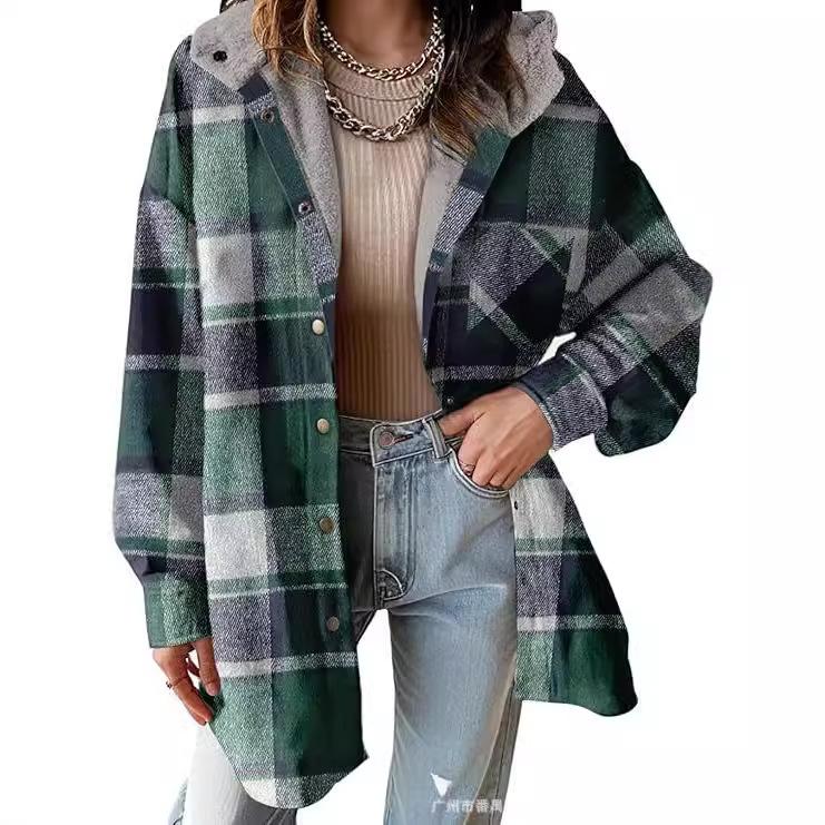 2024 new arrival hot sale WOMEN'S flannel stripes jacket long sleeve autumn button hooded jacket