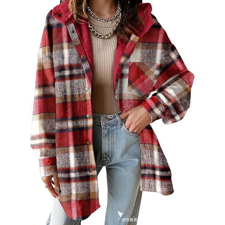 2024 new arrival hot sale WOMEN'S flannel stripes jacket long sleeve autumn button hooded jacket