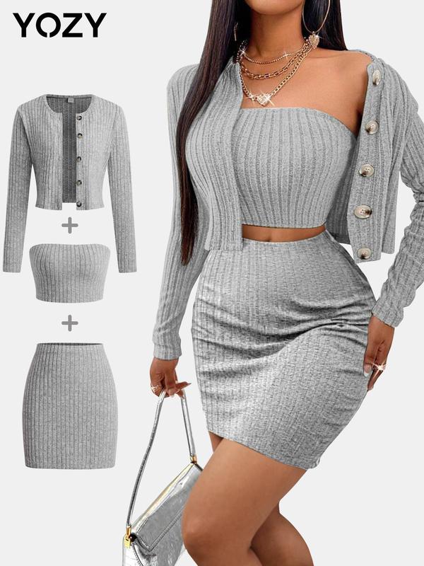 YOZY Women's Solid Button Front Cardigan & Crop Tube Top & Bodycon Skirt Three-Piece Set, Casual Long Sleeve Outerwear & Strapless Top & Short Skirt for Daily Wear, Ladies Clothes for All Seasons