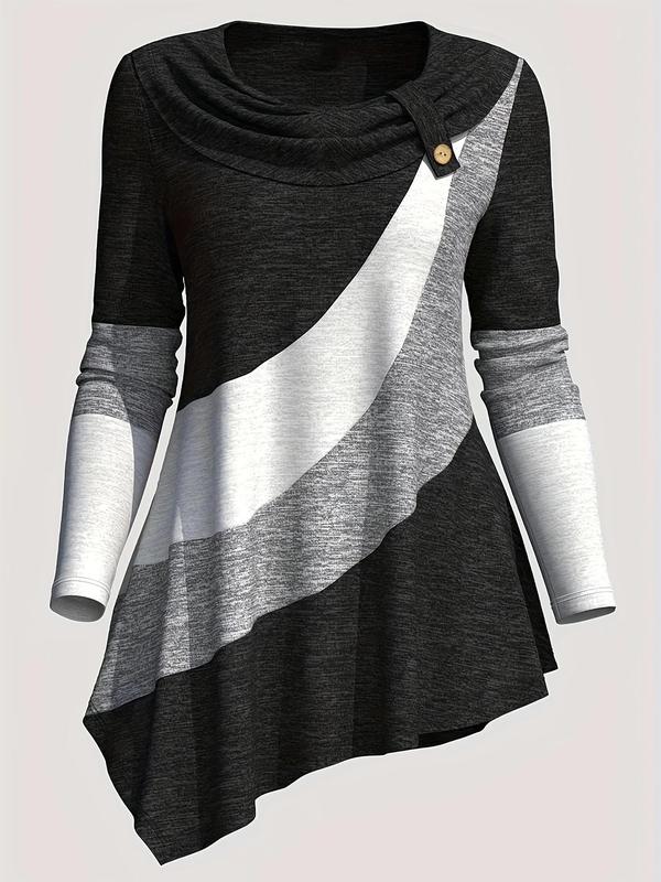 Women's Colorblock Asymmetrical Hem Button Tee, Casual Long Sleeve Cowl Neck T-shirt for Fall & Winter, T Shirts for Women, Women's Clothing for Daily Wear