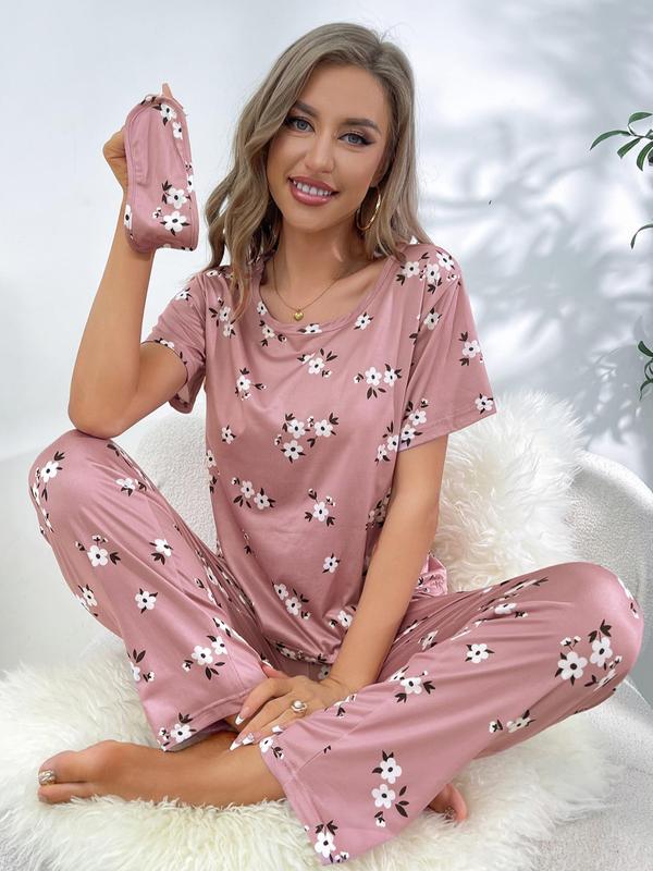 2 Piece Set Women's Floral Print Top & Elastic Waist Pants & Eye Cover Pyjama Set, Soft Comfy Lounge Set, Summer Wear 2024, Women's Sleepwear Lounge Co-ord Set