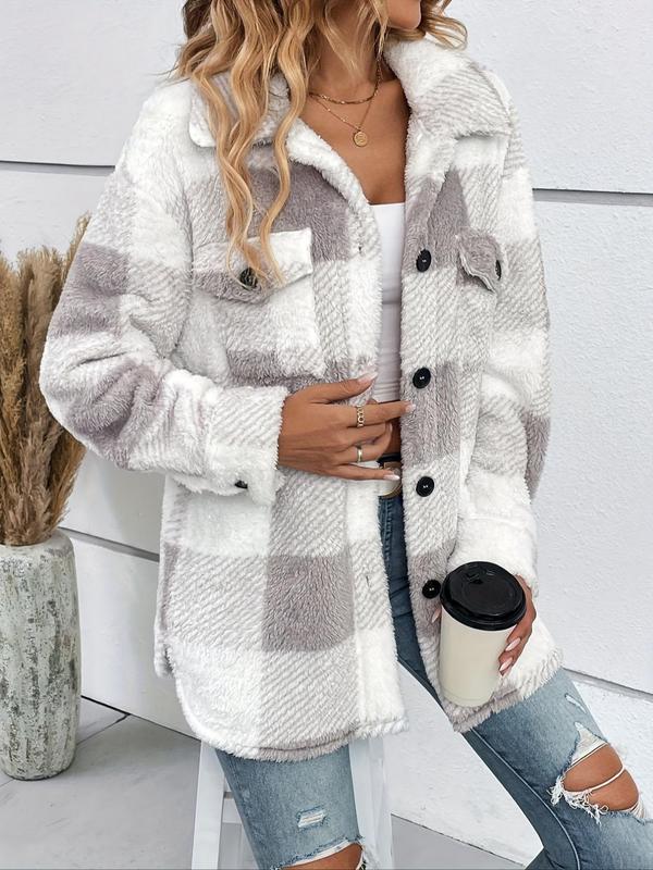 Women's Plaid Print Fuzzy  Jacket, Casual Long Sleeve Open Front Outerwear for Fall & Winter, Women's Clothes for Daily Wear