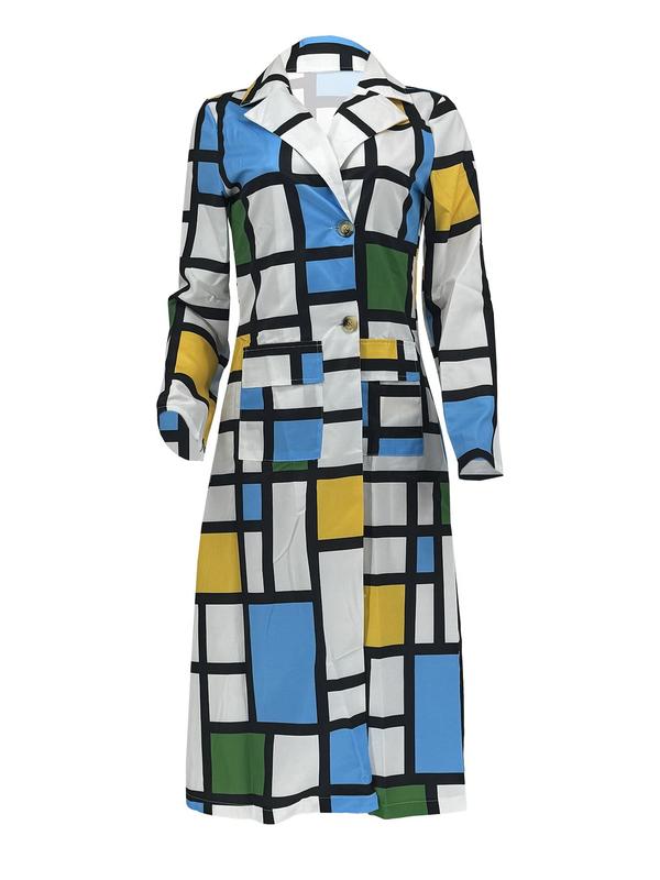 Women's Colorblock Geometric Print Double Button Lapel Coat, Casual Long Sleeve Pocket Outerwear for Daily Wear, Ladies Clothes for All Seasons