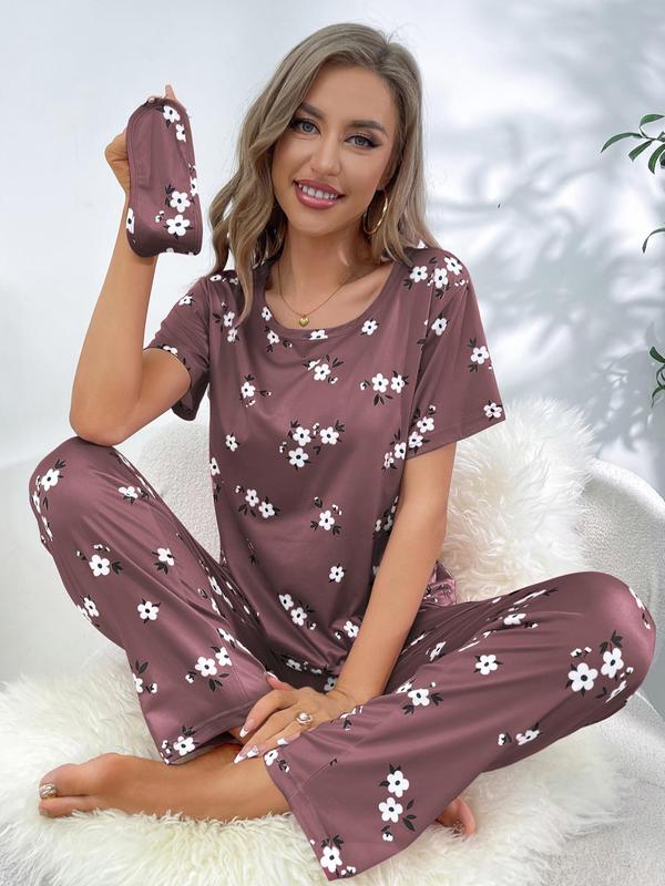 2 Piece Set Women's Floral Print Top & Elastic Waist Pants & Eye Cover Pyjama Set, Soft Comfy Lounge Set, Summer Wear 2024, Women's Sleepwear Lounge Co-ord Set