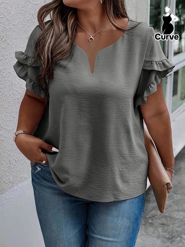  Plain Frill Trim Petal Sleeve Notched Neck Tee, Casual Short Sleeve T-shirt for Daily Wear, Women Plus Clothing for All Seasons