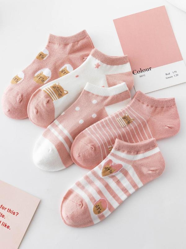 Women's 5 Pairs Cute Cat & Heart Print Ankle Socks, Women Knit Socks, Breathable Cozy Socks, Multi-pack Candy Color Knit Socks, Comfort Basic Women's Socks, Comfortable Everyday Womenswear