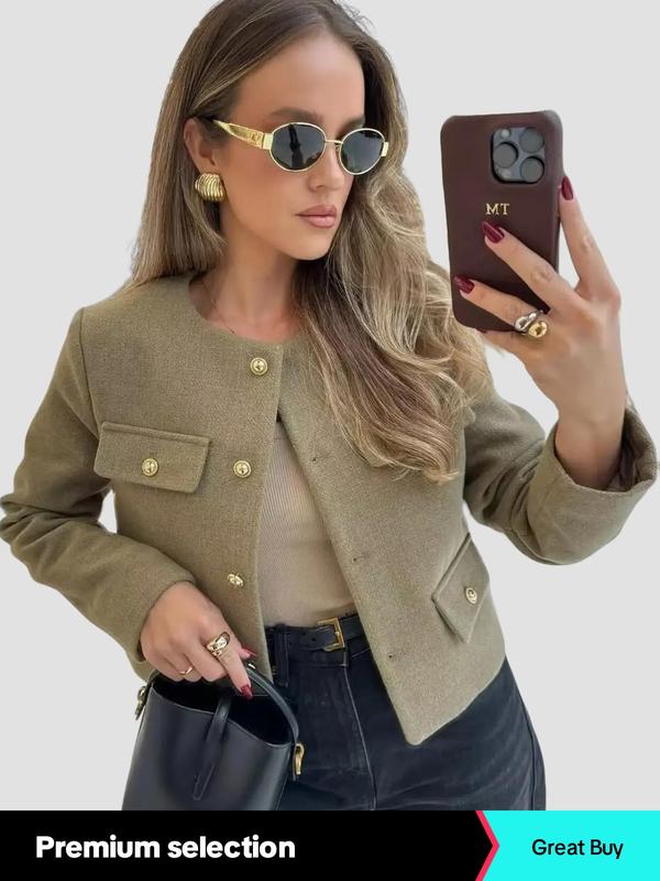 Women's Solid Button Front Crop Jacket, Elegant Long Sleeve Round Neck Jacket for Work Office Business, Ladies Clothes for All Seasons, Fall Outfits 2024