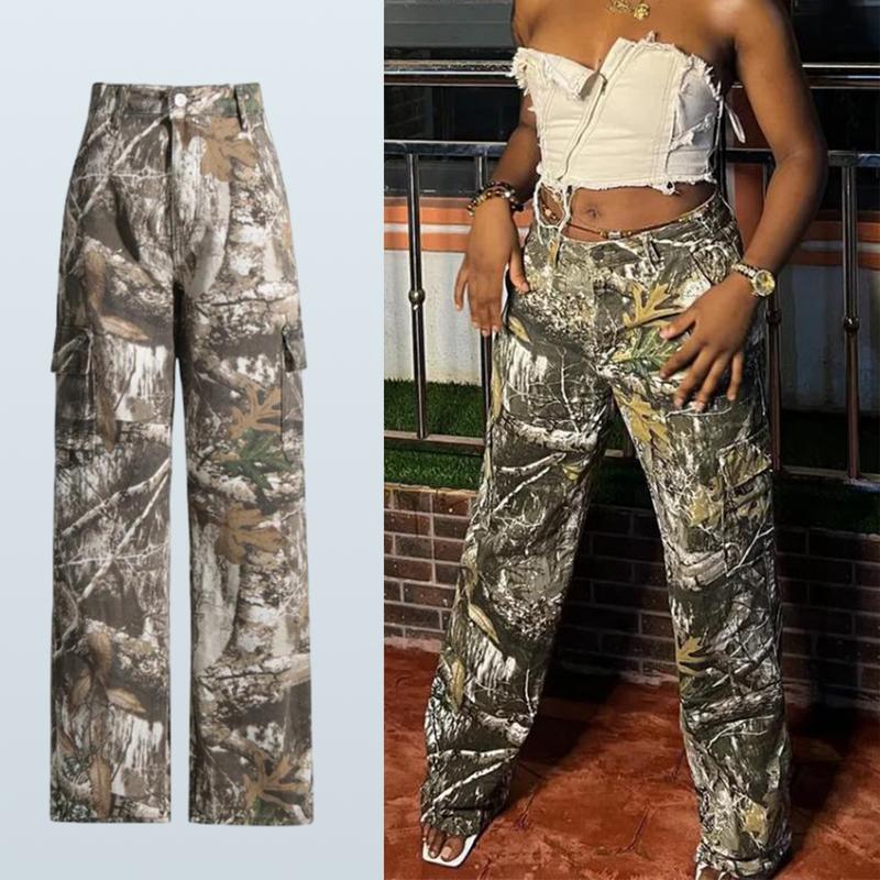 Women's Camouflage Overalls Straight Wide Leg Pants with Pocket Jeans Elastic High Waist Straight Sports Pants Camouflage Y2K Street Loose Pants European and American Retro Street Style