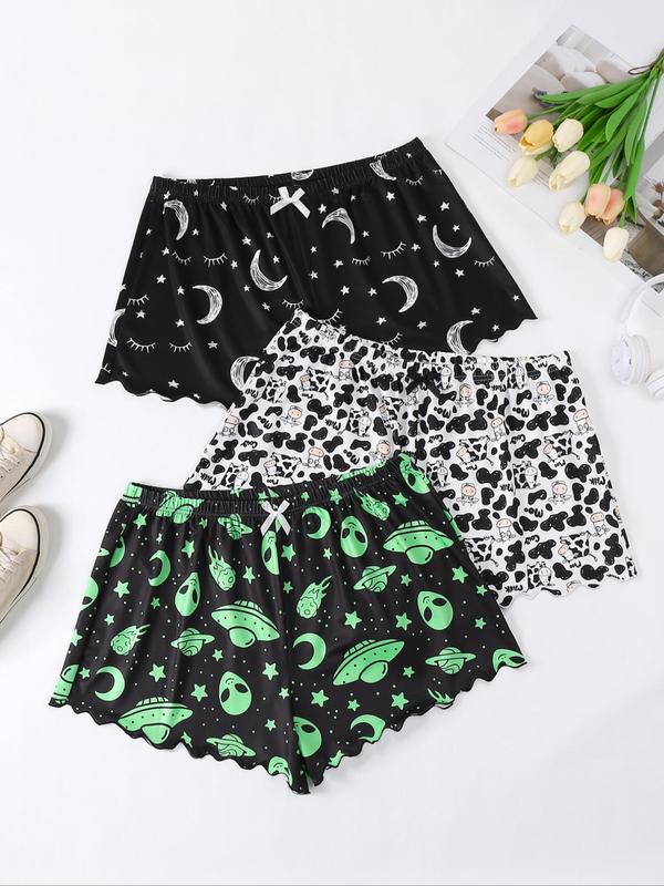  Back To School Moon cow alien Print Bow Decor Lettuce Trim Sleep Shorts, Halloween Pajamas, Casual Comfy Halloween Themed Elastic Waist Sleep Bottoms for Women, Halloween Pajamas, Women's Sleepwear for Fall