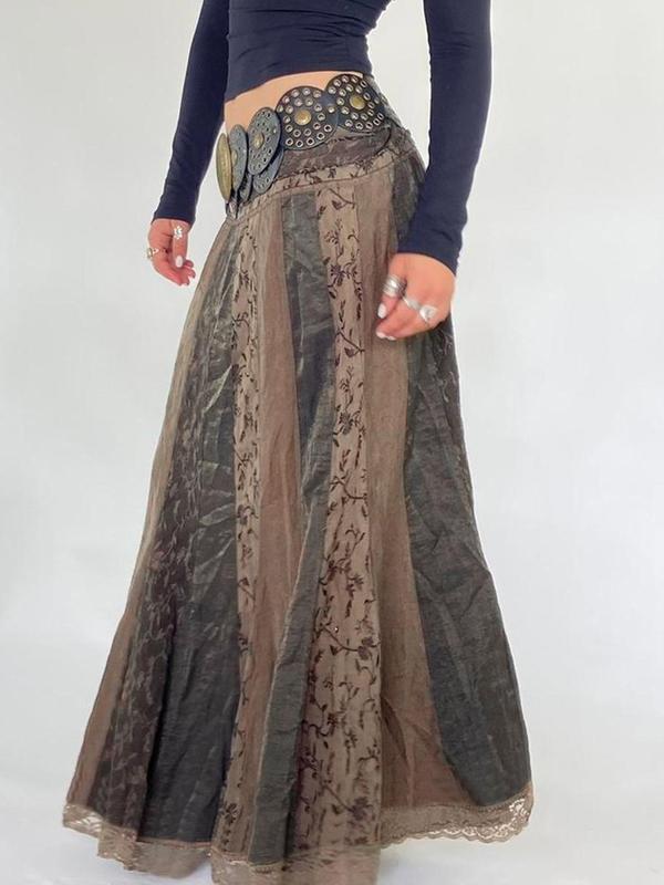 Women's Floral Print Contrast Lace A Line Skirt, Boho Fashion Casual Long Skirt for Daily Holiday Vacation Wear, Women's Bottoms for Fall & Winter