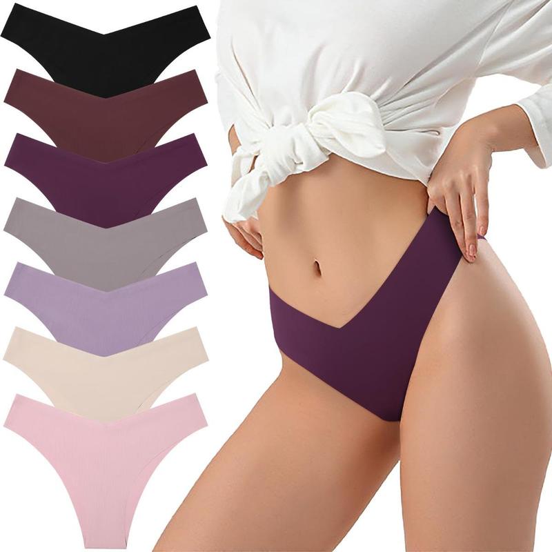 7 Pack Seamless Underwear for Women Sexy No Show Bikini Panties Invisible Briefs V-shaped Breathable Hipster Cheeky Nylon Casual Underwear S-XL Cotton Womenswear  Comfortable