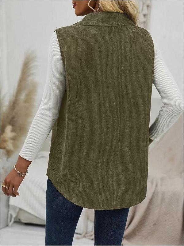 Women's Plain Button Front Pocket Vest Coat, Casual Sleeveless Collared Outerwear for Daily Wear, Ladies Clothes for All Seasons