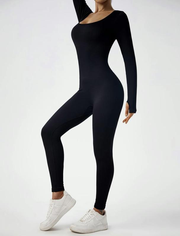 Women's solid ribbed long sleeve bodysuit jumpsuit. Tight fitting tummy control one piece. Spring and Summer perfect