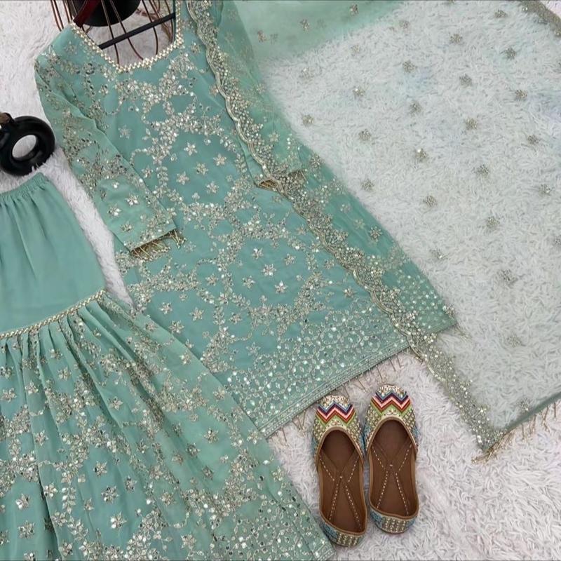 Indian green  Heavy Embroidered Sharara Suit Set for Women - Perfect for Weddings