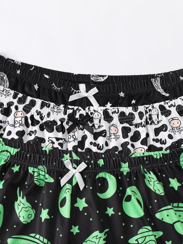  Back To School Moon cow alien Print Bow Decor Lettuce Trim Sleep Shorts, Halloween Pajamas, Casual Comfy Halloween Themed Elastic Waist Sleep Bottoms for Women, Halloween Pajamas, Women's Sleepwear for Fall