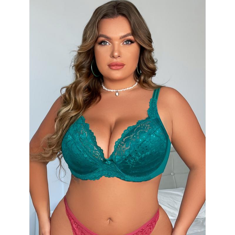 Plus Size Bra, Women's Plus Solid Contrast Lace Floral Trim Medium Stretch Comfort Bra