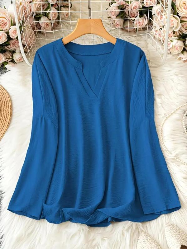 Women's Plain Notched Neck Drop Shoulder Blouse, Casual Long Sleeve Top for Spring & Fall, Women's Clothing for Daily Wear