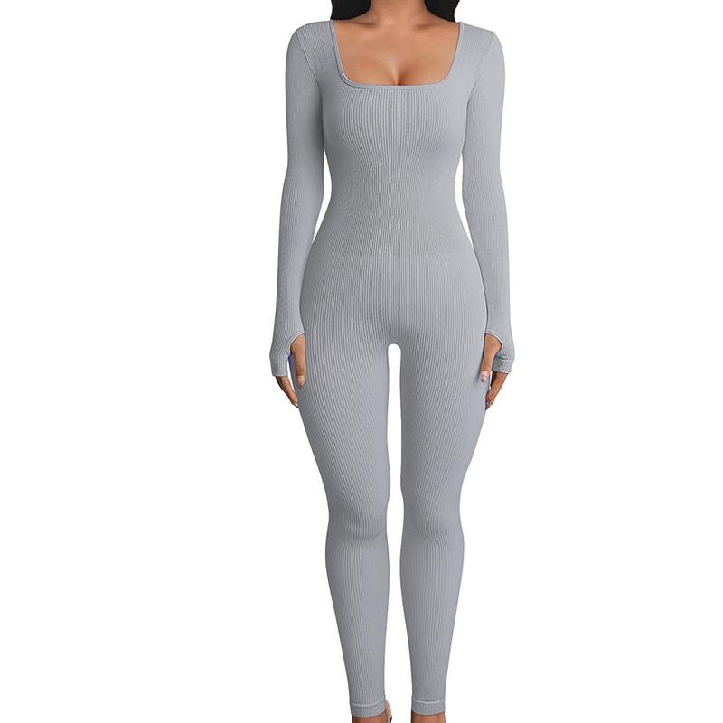 Women's solid ribbed long sleeve bodysuit jumpsuit. Tight fitting tummy control one piece. Spring and Summer perfect