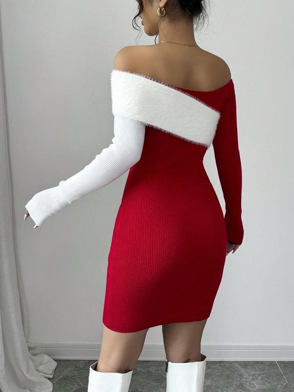 Solid Color Elegant Christmas Color Block Furry Off Shoulder Long Sleeve Sweater Dress special event daily dress