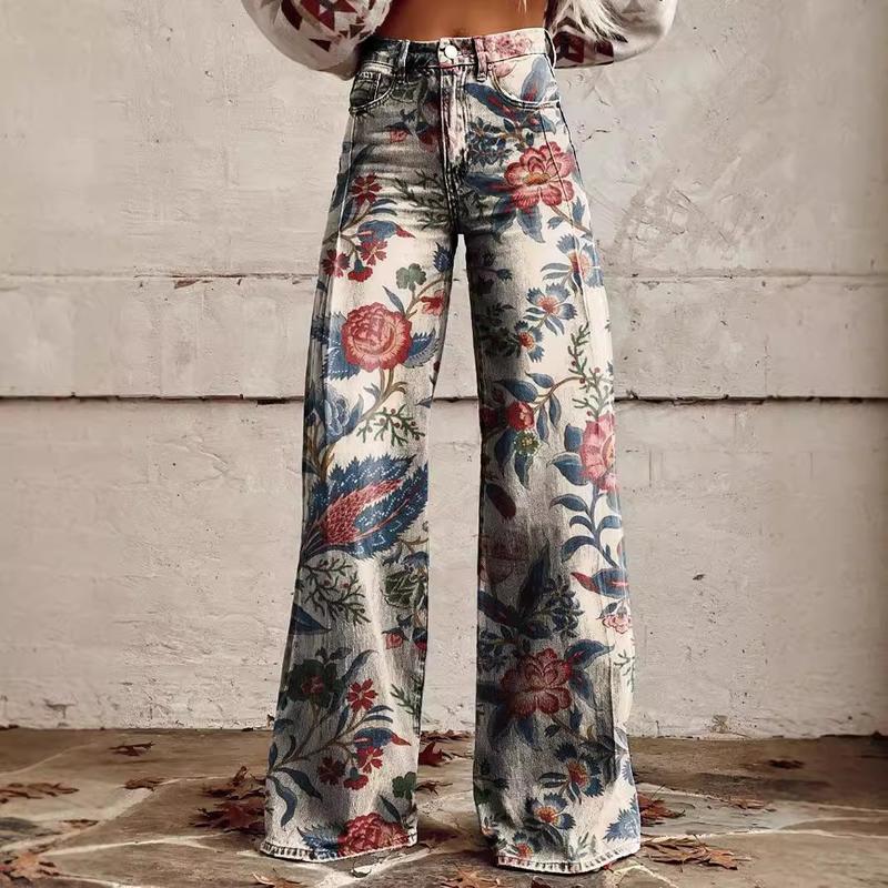 European and American plus Size Casual Pants Thin Imitation Jeans Wide Leg Pants 3D Hot Selling Women's Pants