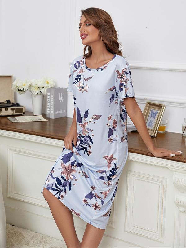 Women's Floral Print Round Neck Nightdress PJ, Casual Soft Comfy Short Sleeve Nightgown Nighties, Summer Clothes Women, Women's Pyjama Dress for Summer Daily Wear, Shortsleeve Women's Sleepwear