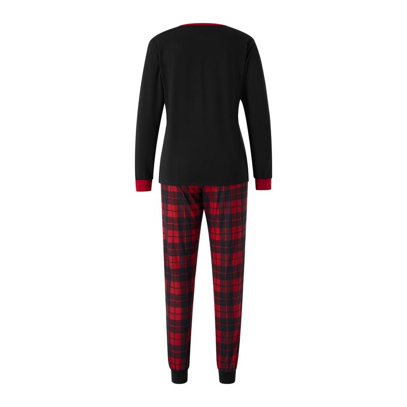 Matching Christmas Pajamas For Family, Letter & Snowflake Print Long-Sleeved Tops + Plaid Trousers Sleepwear Outfits Womenswear