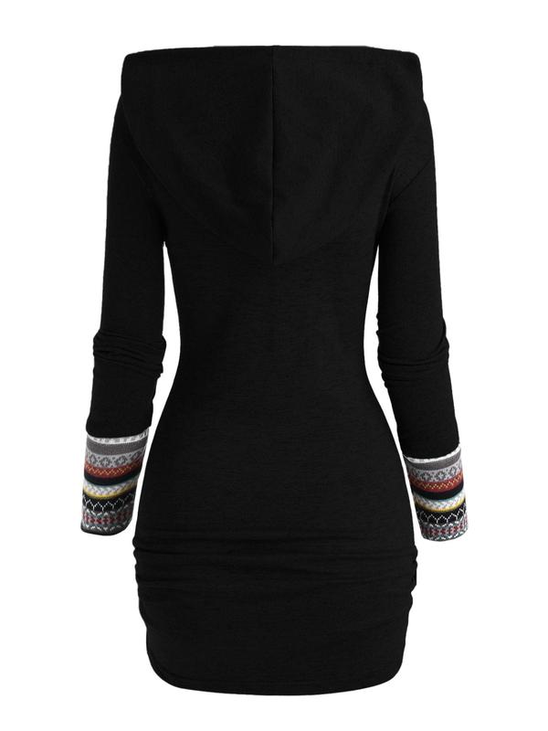 Women's Ethnic Pattern Patchwork Button Decor Hooded Dress, Casual Long Sleeve Bodycon Dress for Daily Outdoor Wear, Women Knitwear for Fall