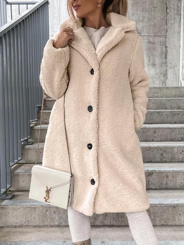 Women's Solid Button Front Fuzzy Coat, Casual Long Sleeve Lapel Neck Outerwear for Fall & Winter, Women's Clothing for Daily Wear