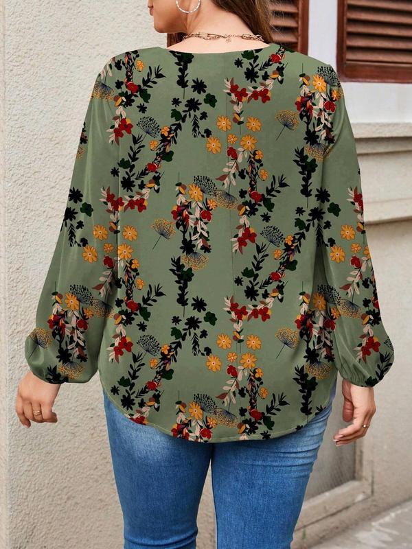  Floral Print Plicated Lantern Sleeve Blouse, Casual V Neck Long Sleeve Top for Spring & Fall, Women's Clothes for Daily Wear