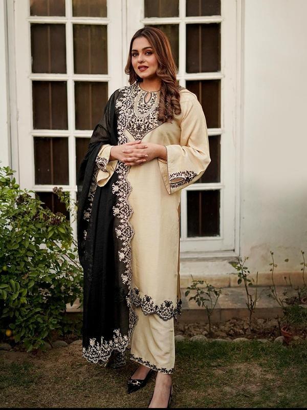 Raw Silk Embroidered Cutwork Suit with Khaddi Net Embroidered Dupatta - Traditional Women's Dress woman dress