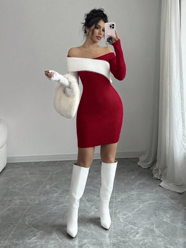 Solid Color Elegant Christmas Color Block Furry Off Shoulder Long Sleeve Sweater Dress special event daily dress