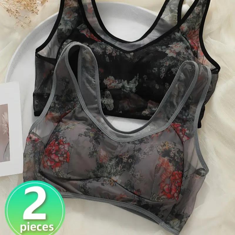 2-piece Black and grey Women's Super tulle print bra No underwire no restraint Comfortable breathable vest seamless bra for women