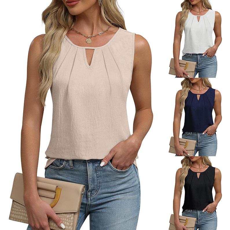 Best Selling Women's Clothes 2024 Hot Summer New Pleated T-shirt Chiffon Vest Hollow Sleeveless Top