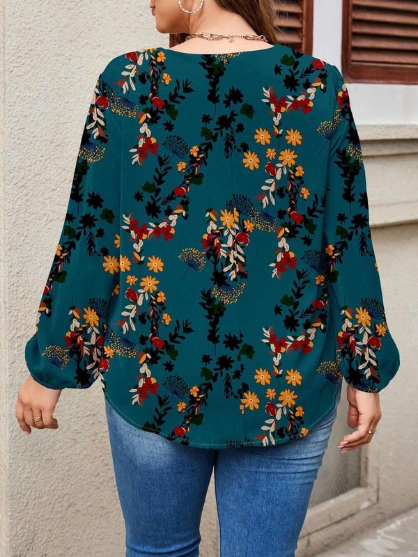  Floral Print Plicated Lantern Sleeve Blouse, Casual V Neck Long Sleeve Top for Spring & Fall, Women's Clothes for Daily Wear