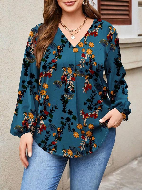  Floral Print Plicated Lantern Sleeve Blouse, Casual V Neck Long Sleeve Top for Spring & Fall, Women's Clothes for Daily Wear