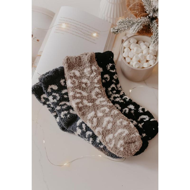 Leopard Print Fuzzy Crew Socks - Taupe - FINAL SALE