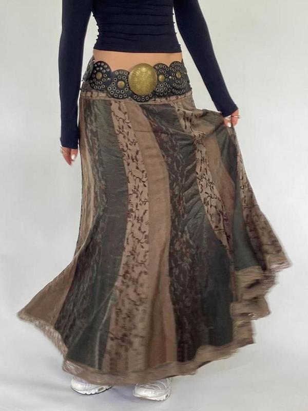 Women's Floral Print Contrast Lace A Line Skirt, Boho Fashion Casual Long Skirt for Daily Holiday Vacation Wear, Women's Bottoms for Fall & Winter