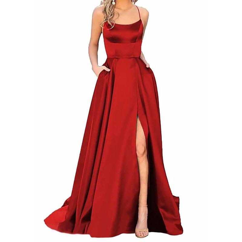 Sexy Nipped Waist Split Prom Dress Elegant Women Party Night Formal Long Evening Spaghetti Straps Dress Elegant Wedding Vestidos Fabric Polyester