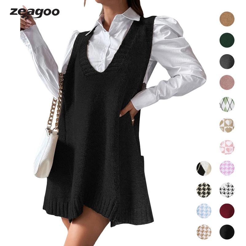 ZEAGOO Oversized Sweater V Neck Sleeveless Knitted Cute Buttonless Pullover with Pockets Black Friday Casual Fashion