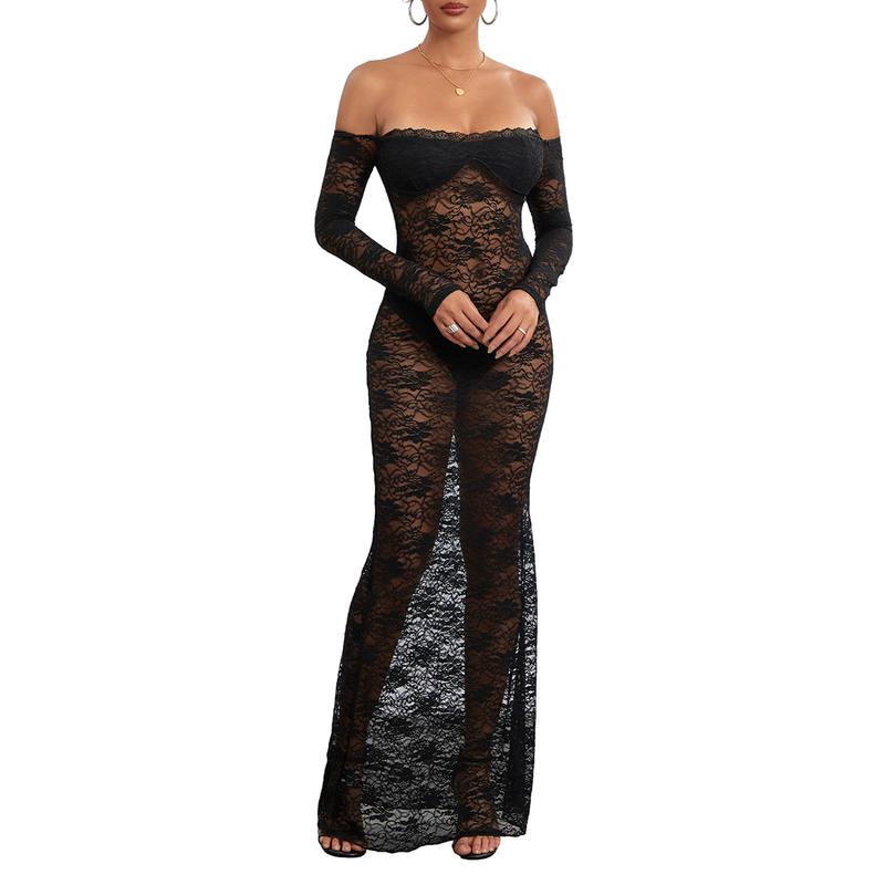 Women Y2k Sexy Sheer Lace Maxi Dress Long Sleeve Off Shoulder Mesh See Through Long Dress Bodycon Party Club Dress