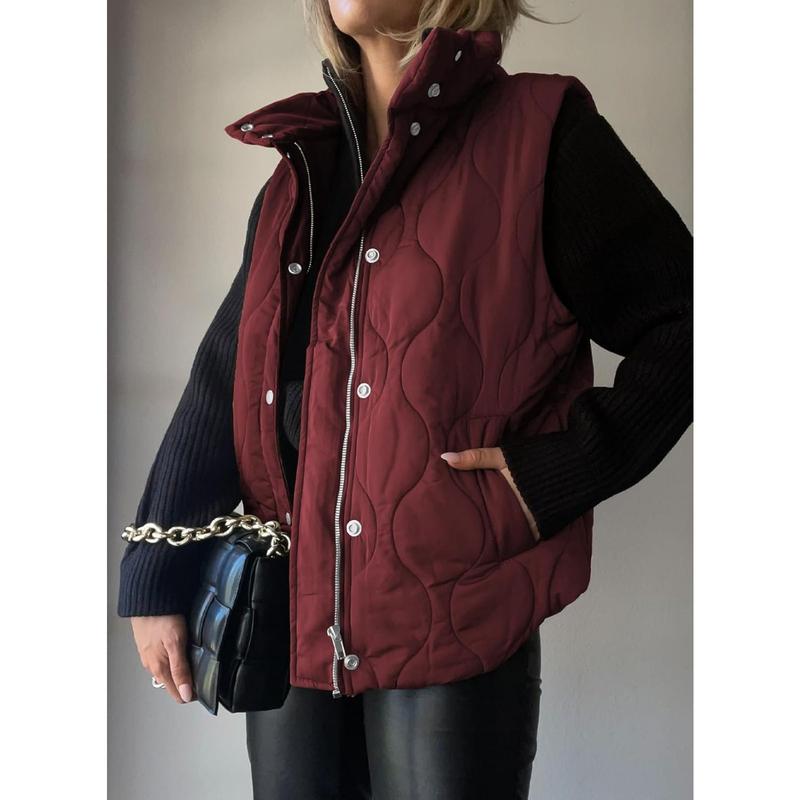 Women's Lightweight Quilted Standing Collar Sleeveless Jacket Autumn and Winter New Zipper Warm Vest Cotton Jacket Coat  Autumn Button Zipper Warm Jacket Outerwear