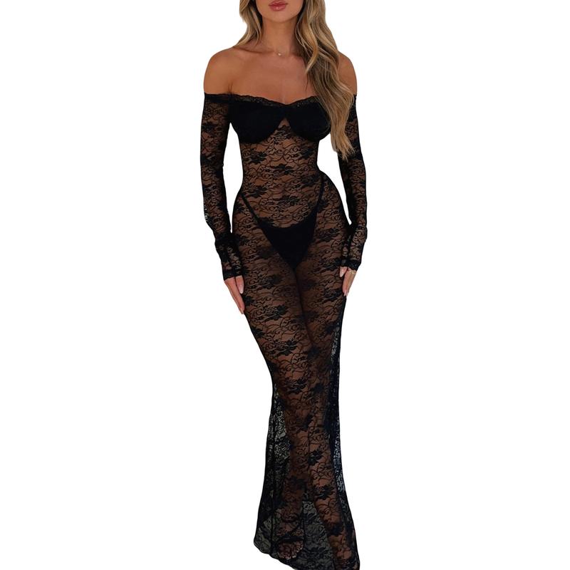 Women Y2k Sexy Sheer Lace Maxi Dress Long Sleeve Off Shoulder Mesh See Through Long Dress Bodycon Party Club Dress