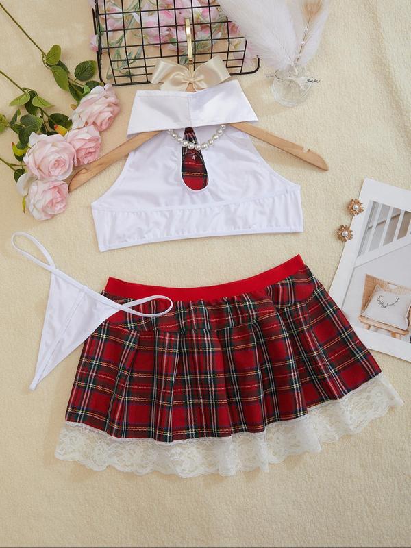 Women's Tie Decor Crop Blouse & Plaid Print Contrast Lace Skirt & Panty Set, Romantic Sexy Lace Trim Lingeries Set, Women Sexy Lingeries