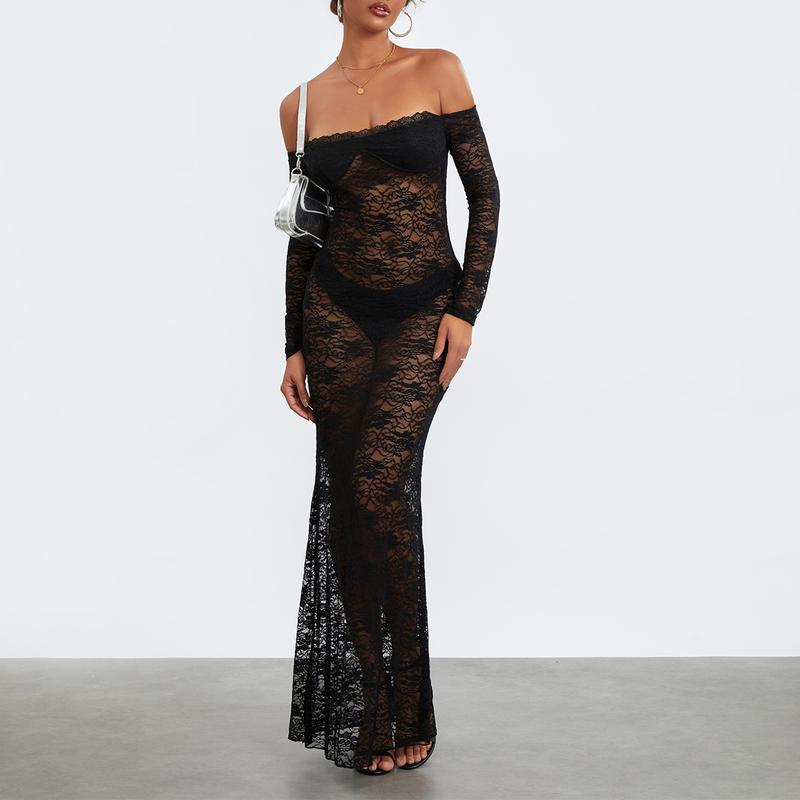 Women Y2k Sexy Sheer Lace Maxi Dress Long Sleeve Off Shoulder Mesh See Through Long Dress Bodycon Party Club Dress