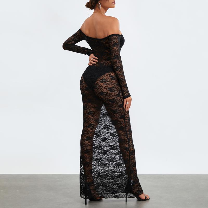 Women Y2k Sexy Sheer Lace Maxi Dress Long Sleeve Off Shoulder Mesh See Through Long Dress Bodycon Party Club Dress